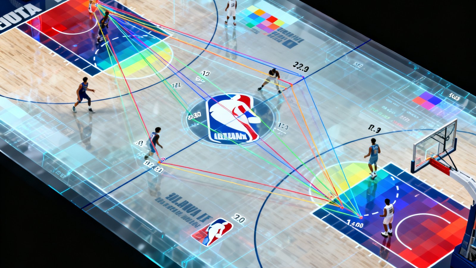 俯视视角下的NBA标准篮球场，半透明数据层叠加在球场上，用彩色线条标注出球员之间的传球路线、跑动距离数值以及投篮热区分布。