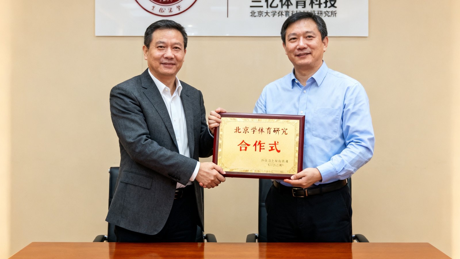 三亿体育科技与北京大学体育科学研究所签署新一轮合作协议的仪式现场，双方代表握手并展示合作牌匾。
